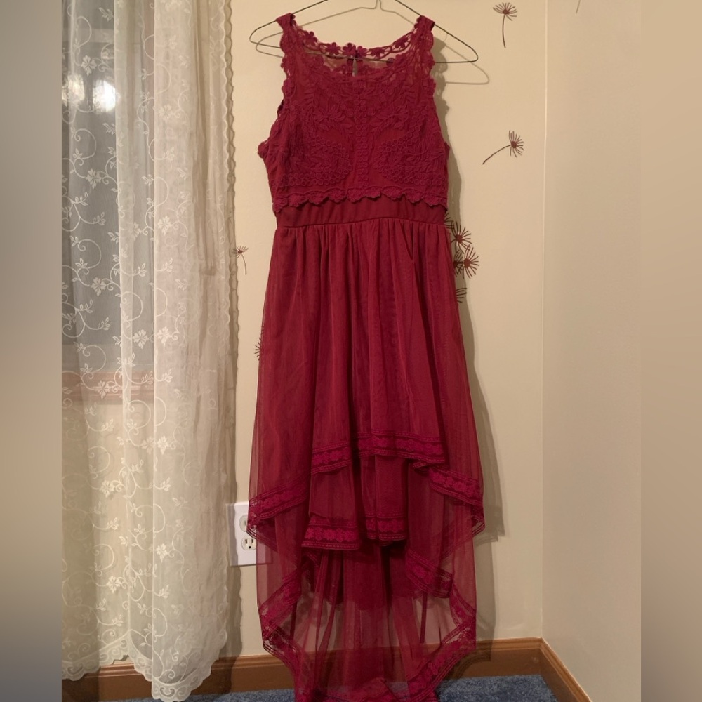 Francesca’s Burgundy Lace Embroidered Floral Sleeveless High Low Midi Dress
